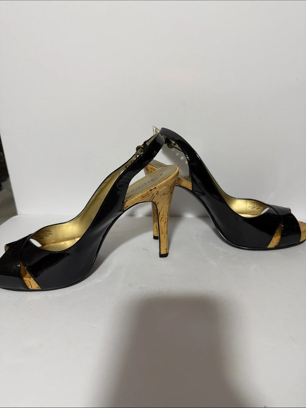 Guess Black Patent Open-Toe Slingback Cork Wedges